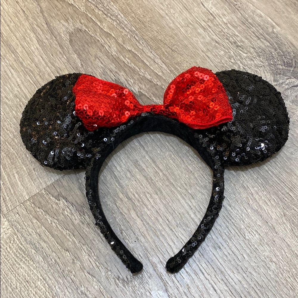 Sequin Black Ears with Red Bow Headband